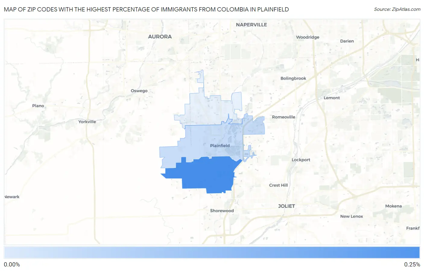 Zip Codes with the Highest Percentage of Immigrants from Colombia in Plainfield Map