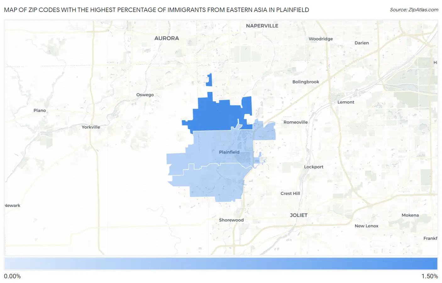 Zip Codes with the Highest Percentage of Immigrants from Eastern Asia in Plainfield Map
