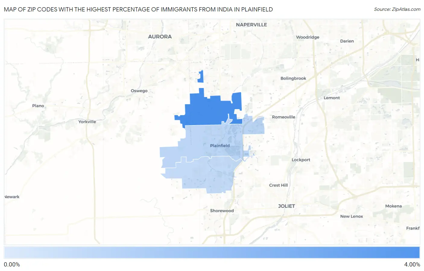 Zip Codes with the Highest Percentage of Immigrants from India in Plainfield Map