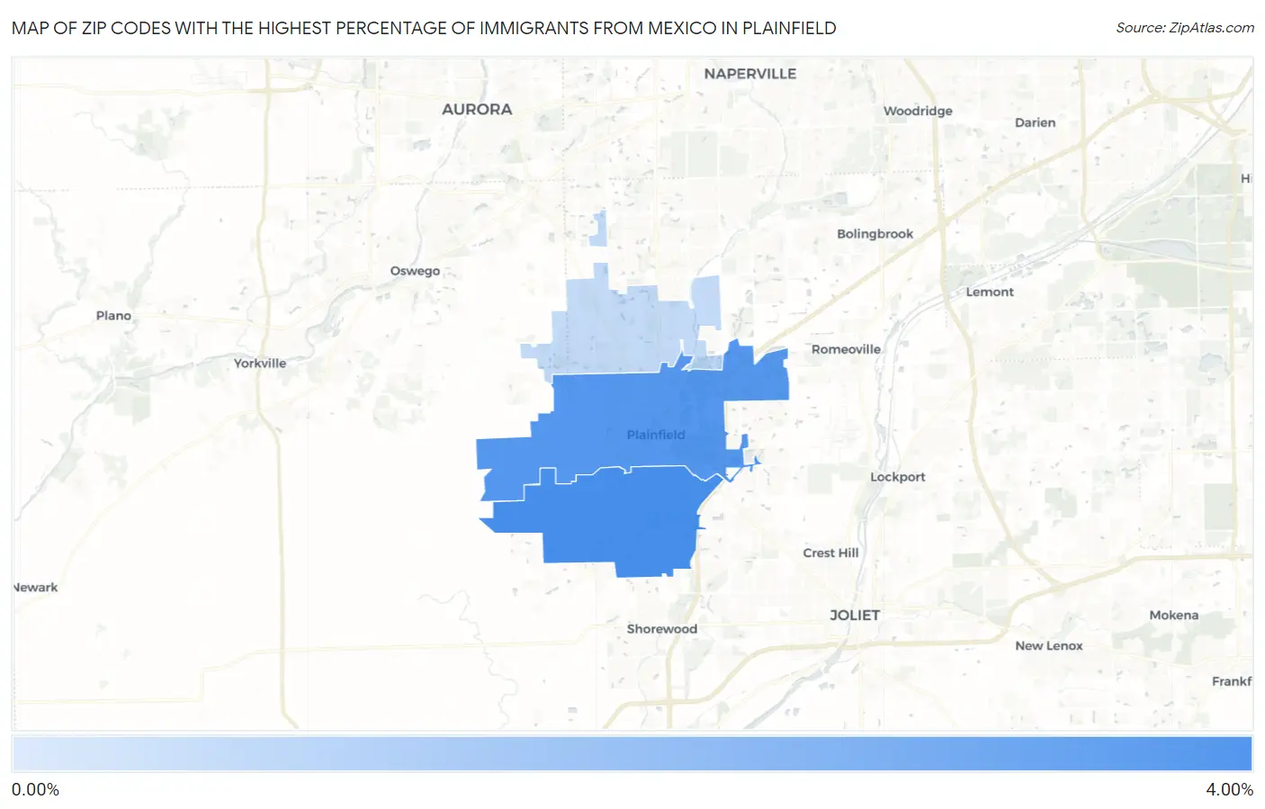 Zip Codes with the Highest Percentage of Immigrants from Mexico in Plainfield Map