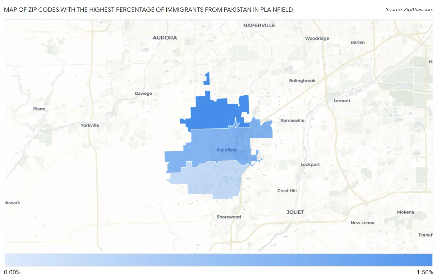 Zip Codes with the Highest Percentage of Immigrants from Pakistan in Plainfield Map