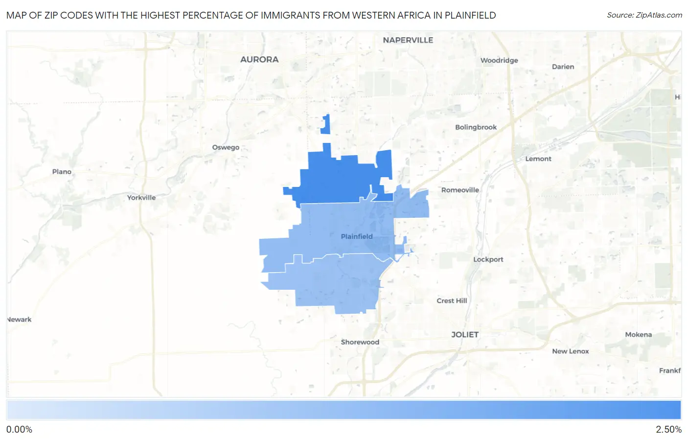 Zip Codes with the Highest Percentage of Immigrants from Western Africa in Plainfield Map