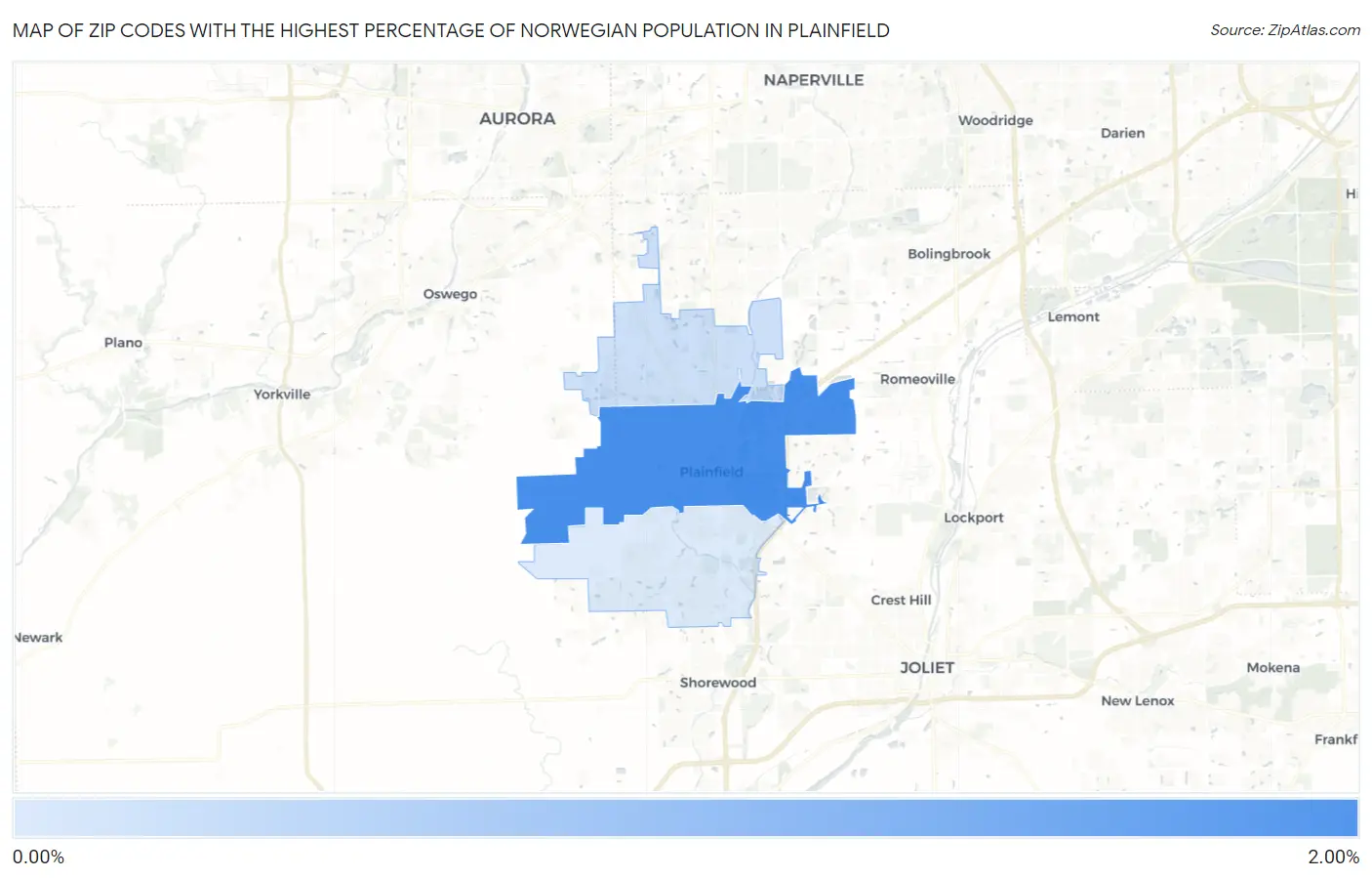 Zip Codes with the Highest Percentage of Norwegian Population in Plainfield Map
