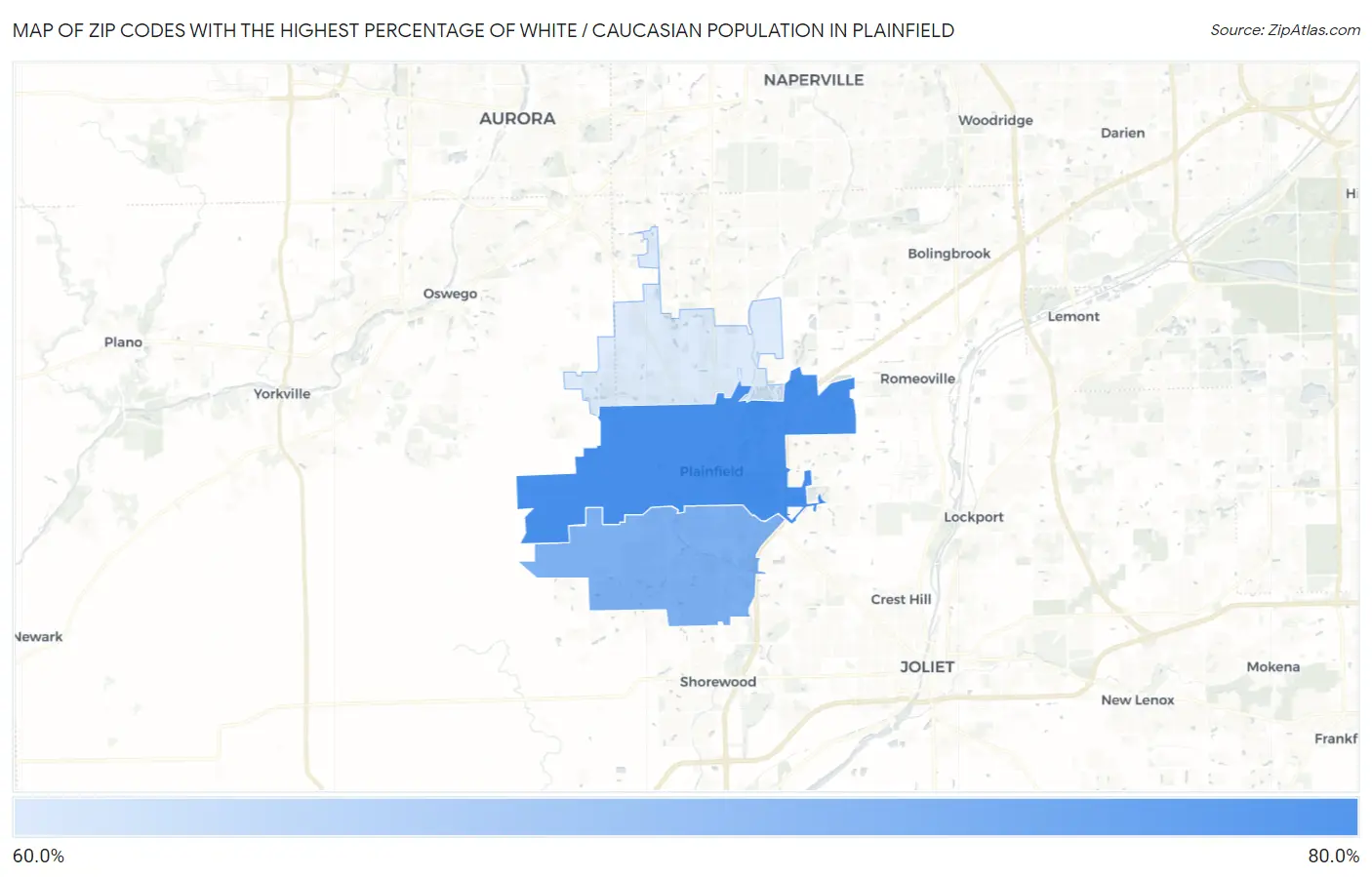 Zip Codes with the Highest Percentage of White / Caucasian Population in Plainfield Map