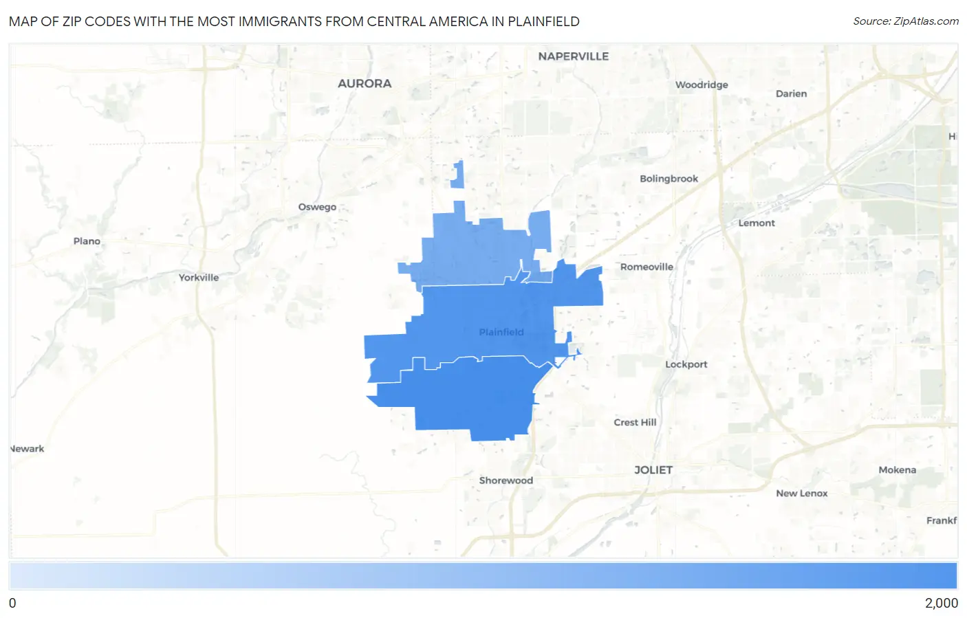 Zip Codes with the Most Immigrants from Central America in Plainfield Map