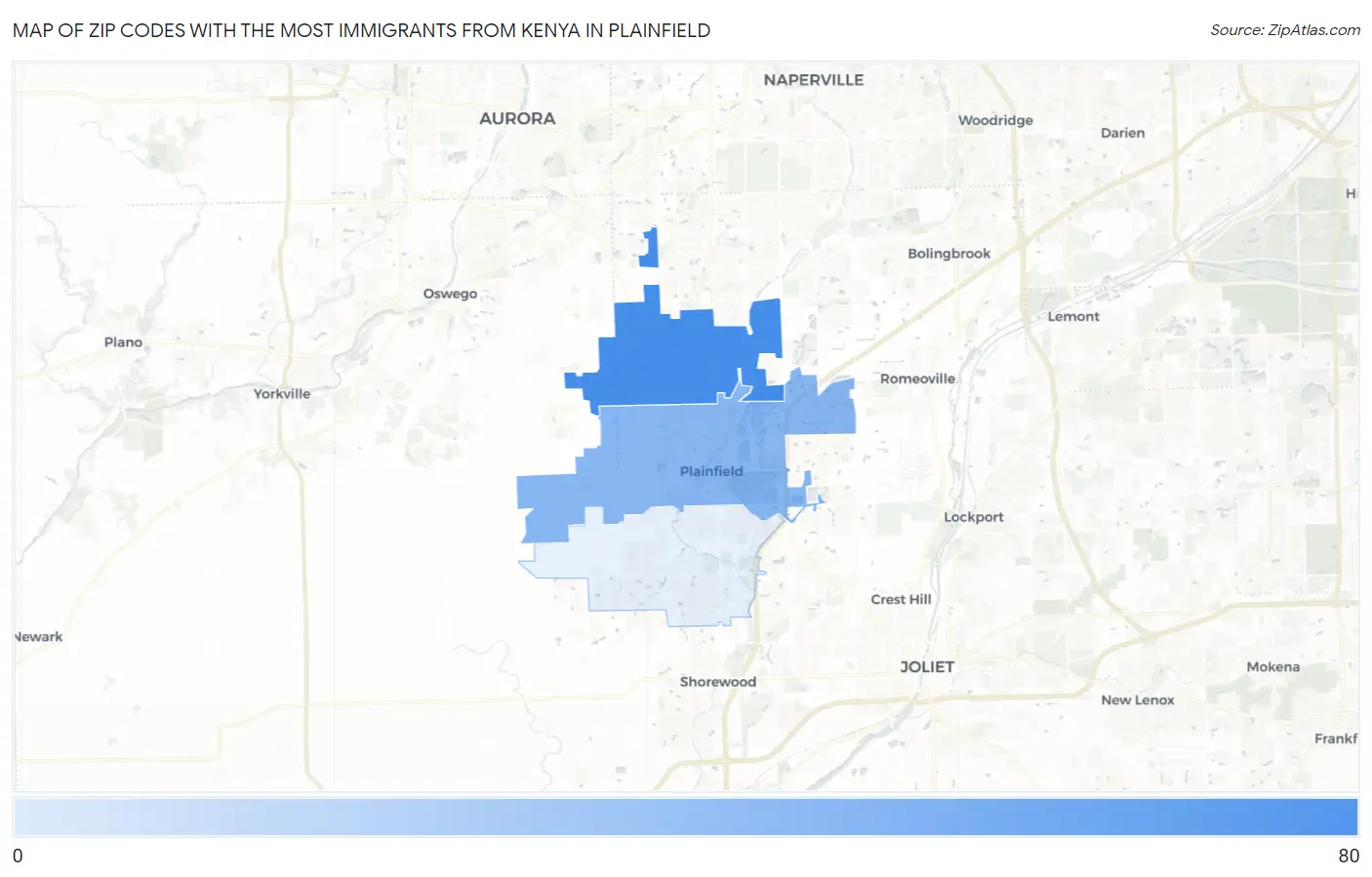 Zip Codes with the Most Immigrants from Kenya in Plainfield Map