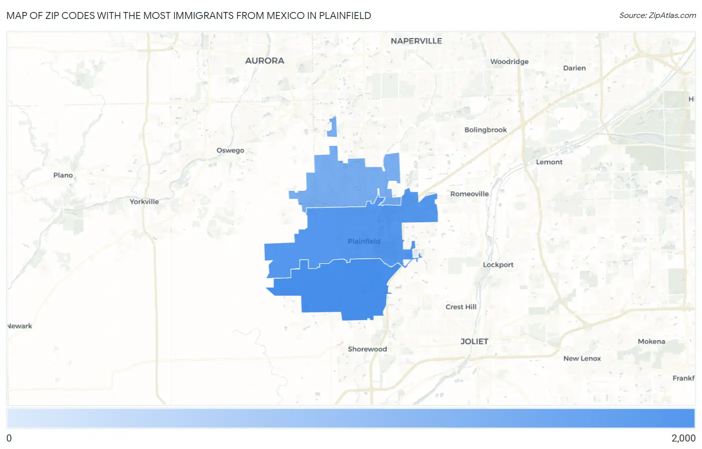 Zip Codes with the Most Immigrants from Mexico in Plainfield Map