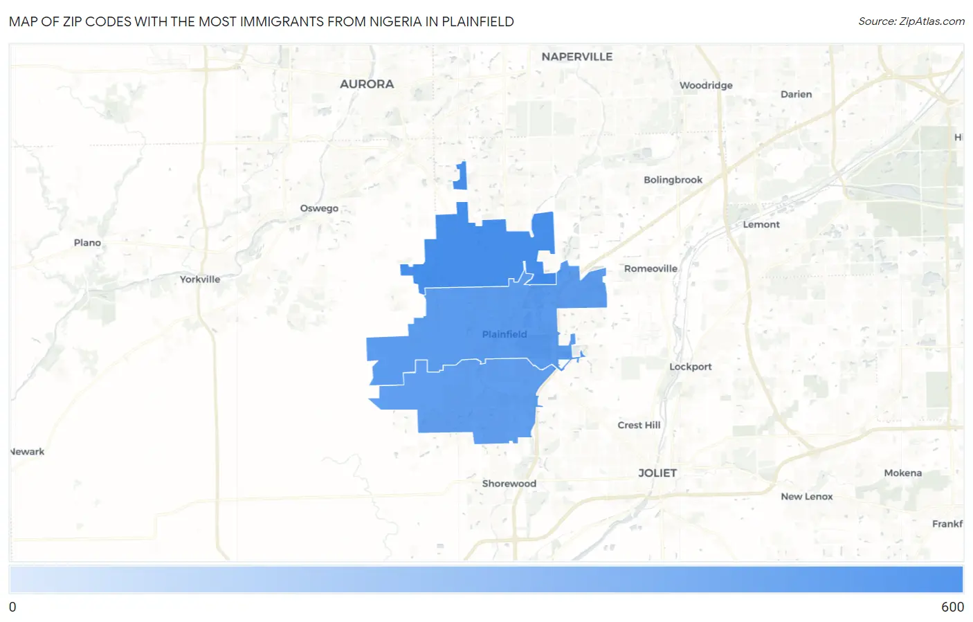 Zip Codes with the Most Immigrants from Nigeria in Plainfield Map