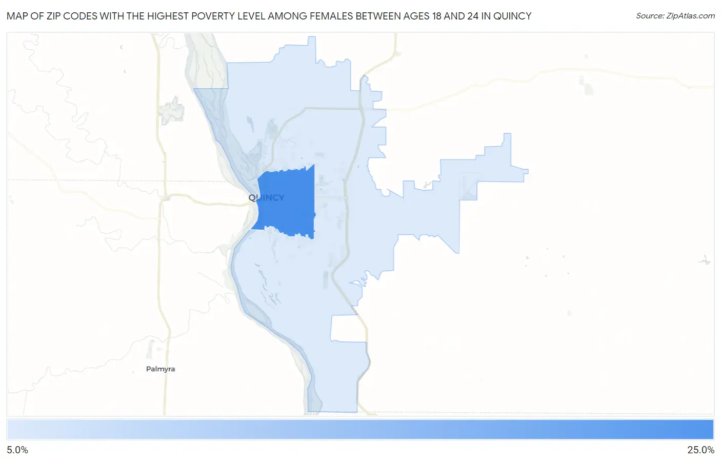 Zip Codes with the Highest Poverty Level Among Females Between Ages 18 and 24 in Quincy Map