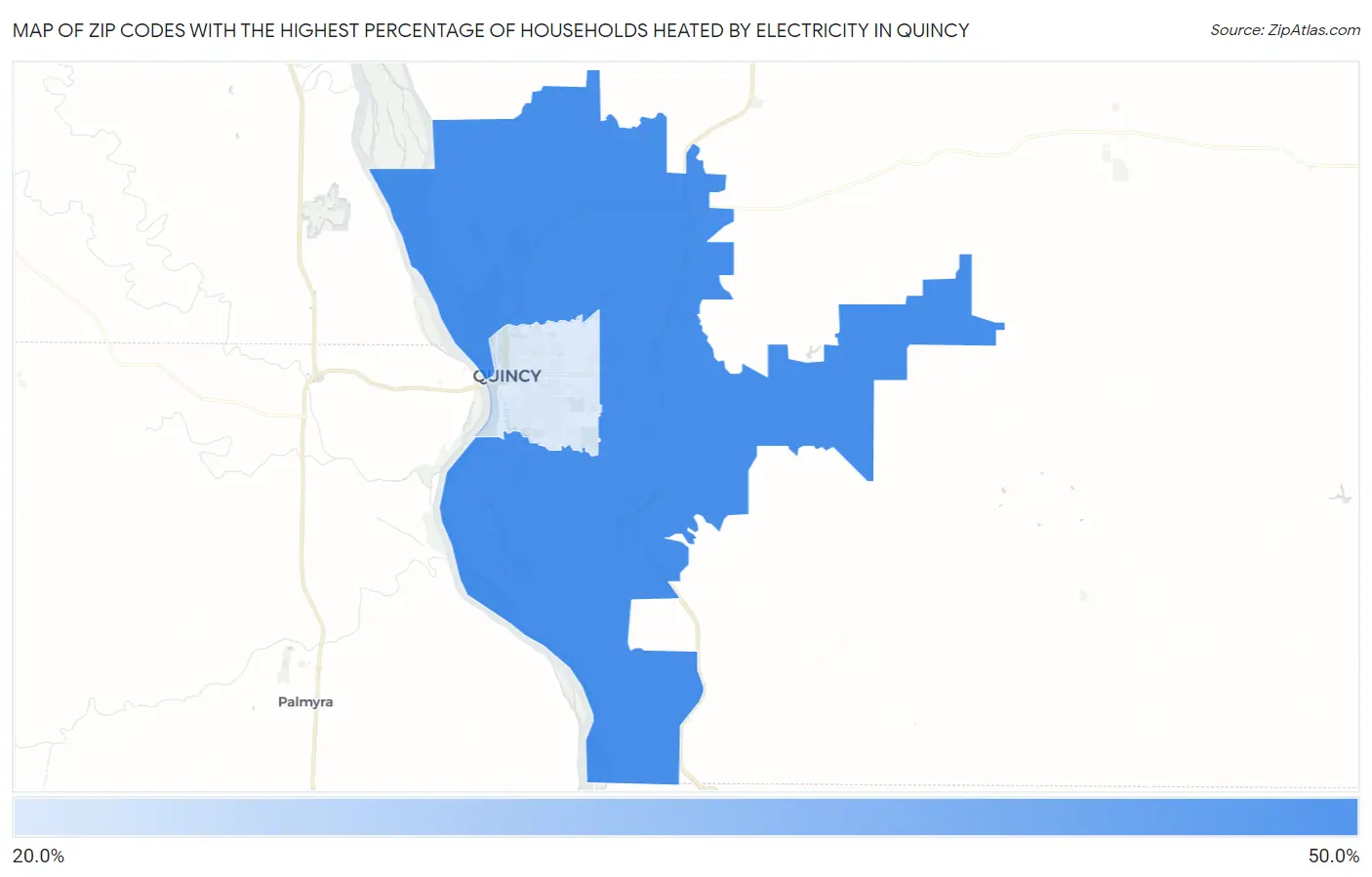 Zip Codes with the Highest Percentage of Households Heated by Electricity in Quincy Map