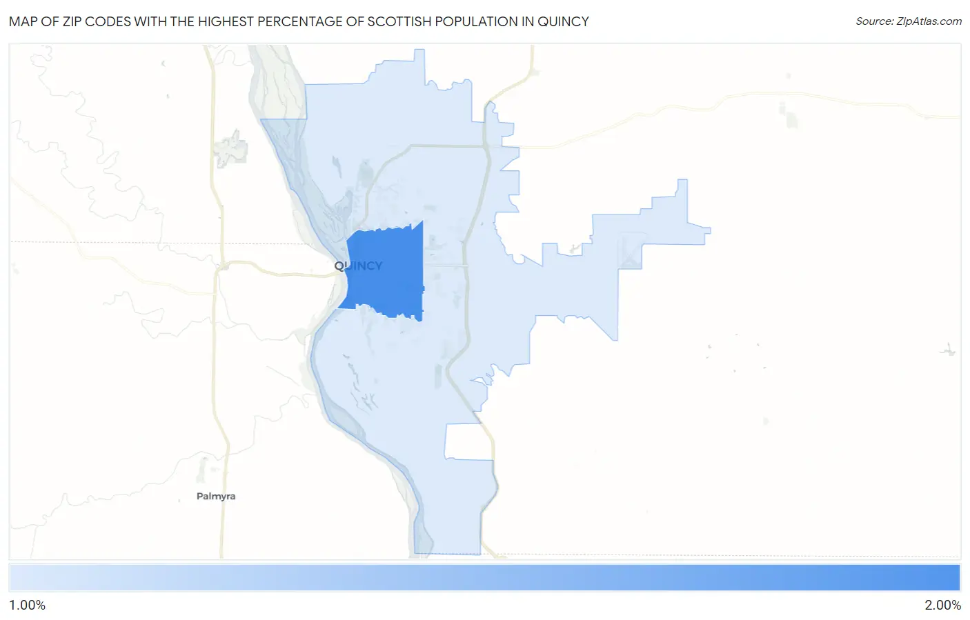Zip Codes with the Highest Percentage of Scottish Population in Quincy Map