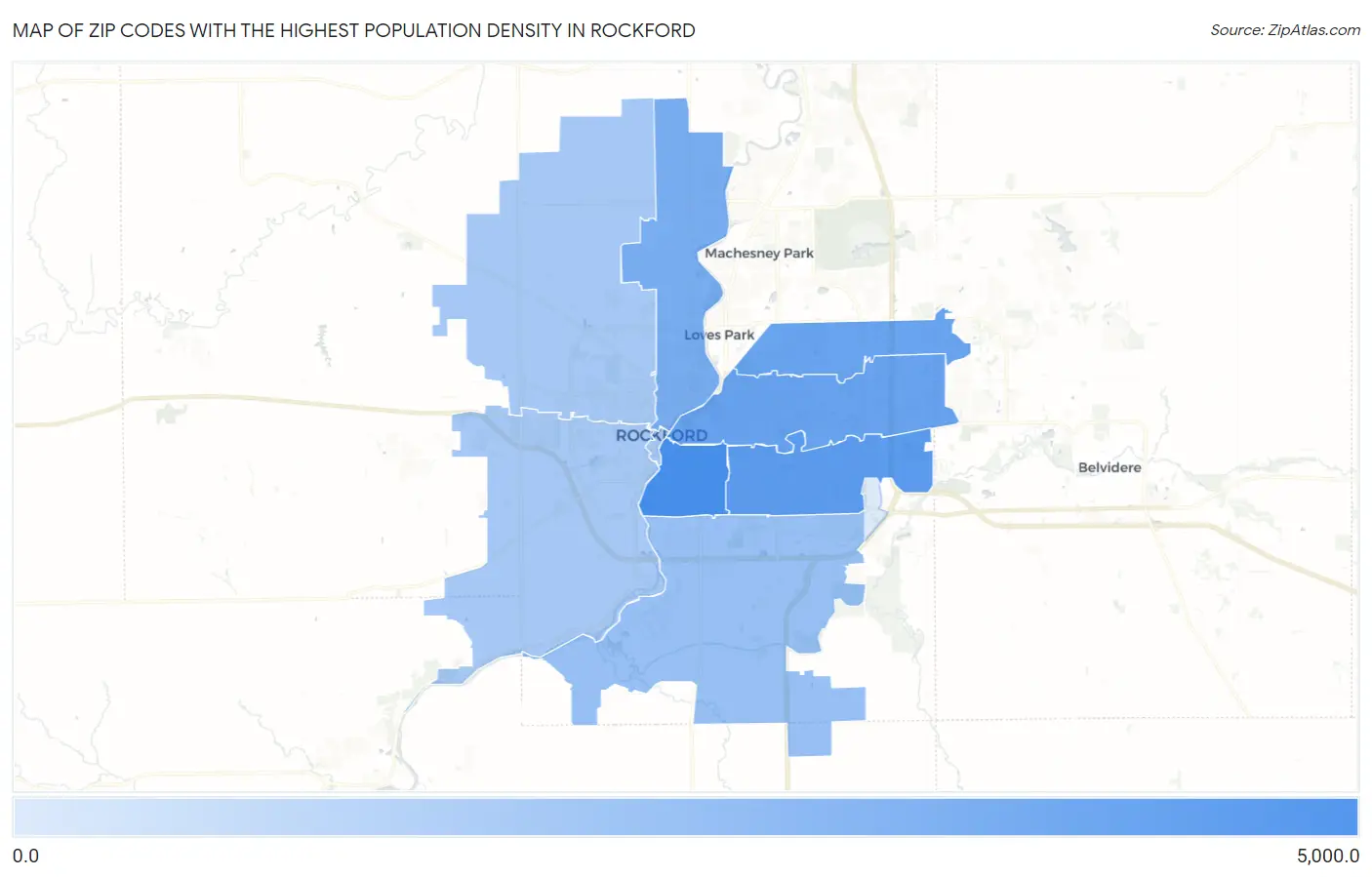 Zip Codes with the Highest Population Density in Rockford Map