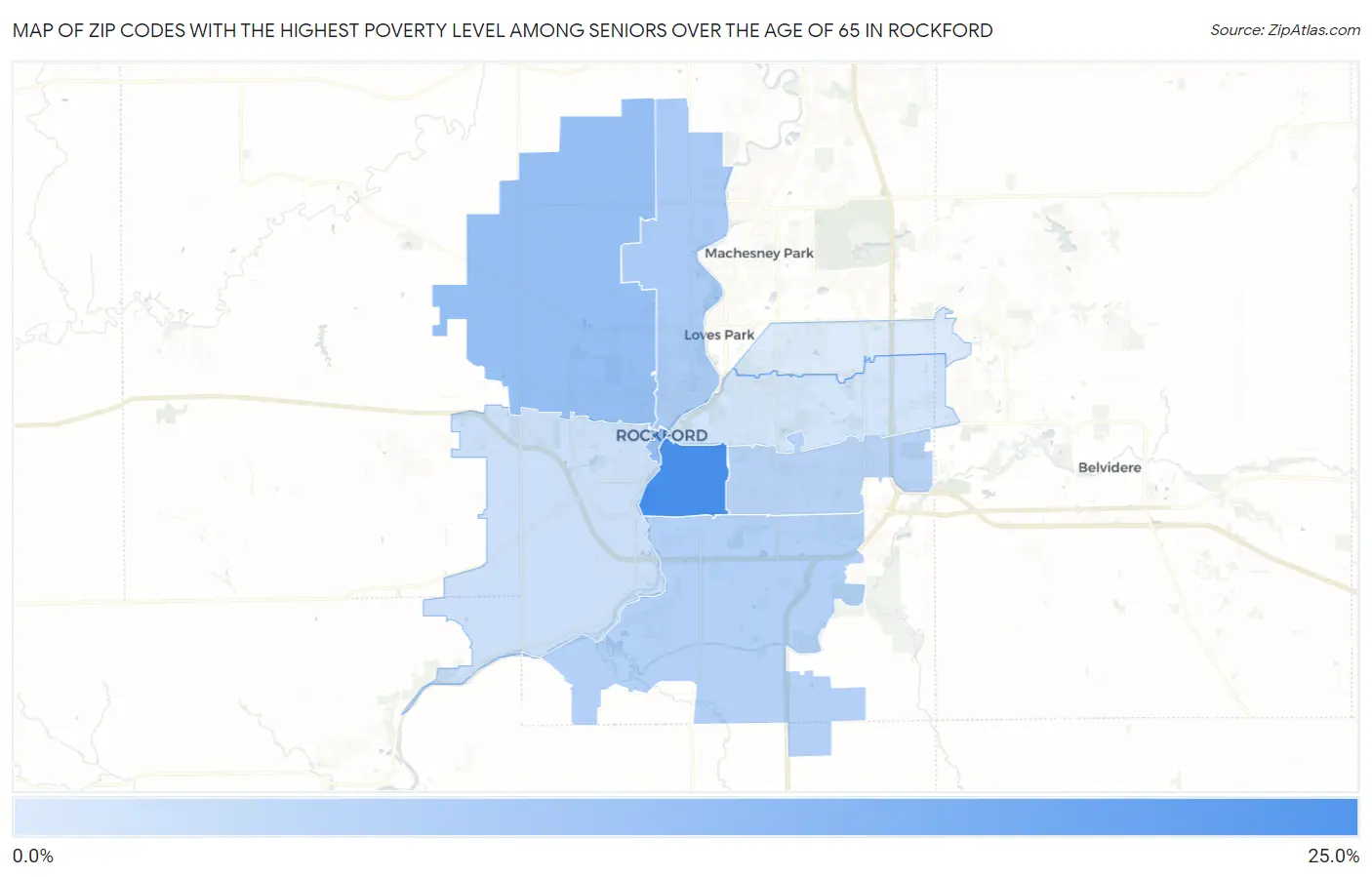 Zip Codes with the Highest Poverty Level Among Seniors Over the Age of 65 in Rockford Map
