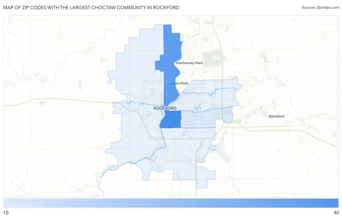 Zip Codes with the Largest Choctaw Community in Rockford Map