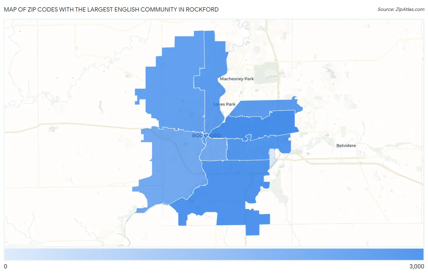 Zip Codes with the Largest English Community in Rockford Map