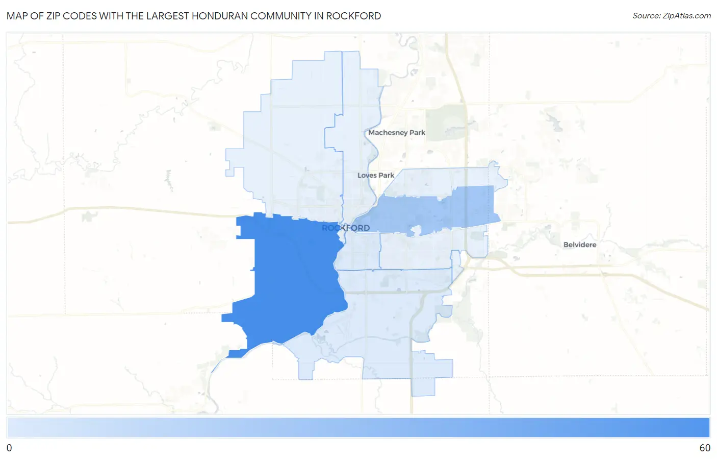 Zip Codes with the Largest Honduran Community in Rockford Map