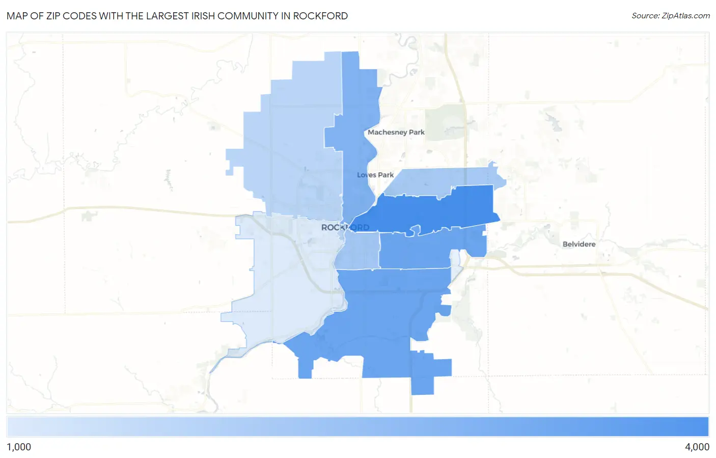 Zip Codes with the Largest Irish Community in Rockford Map