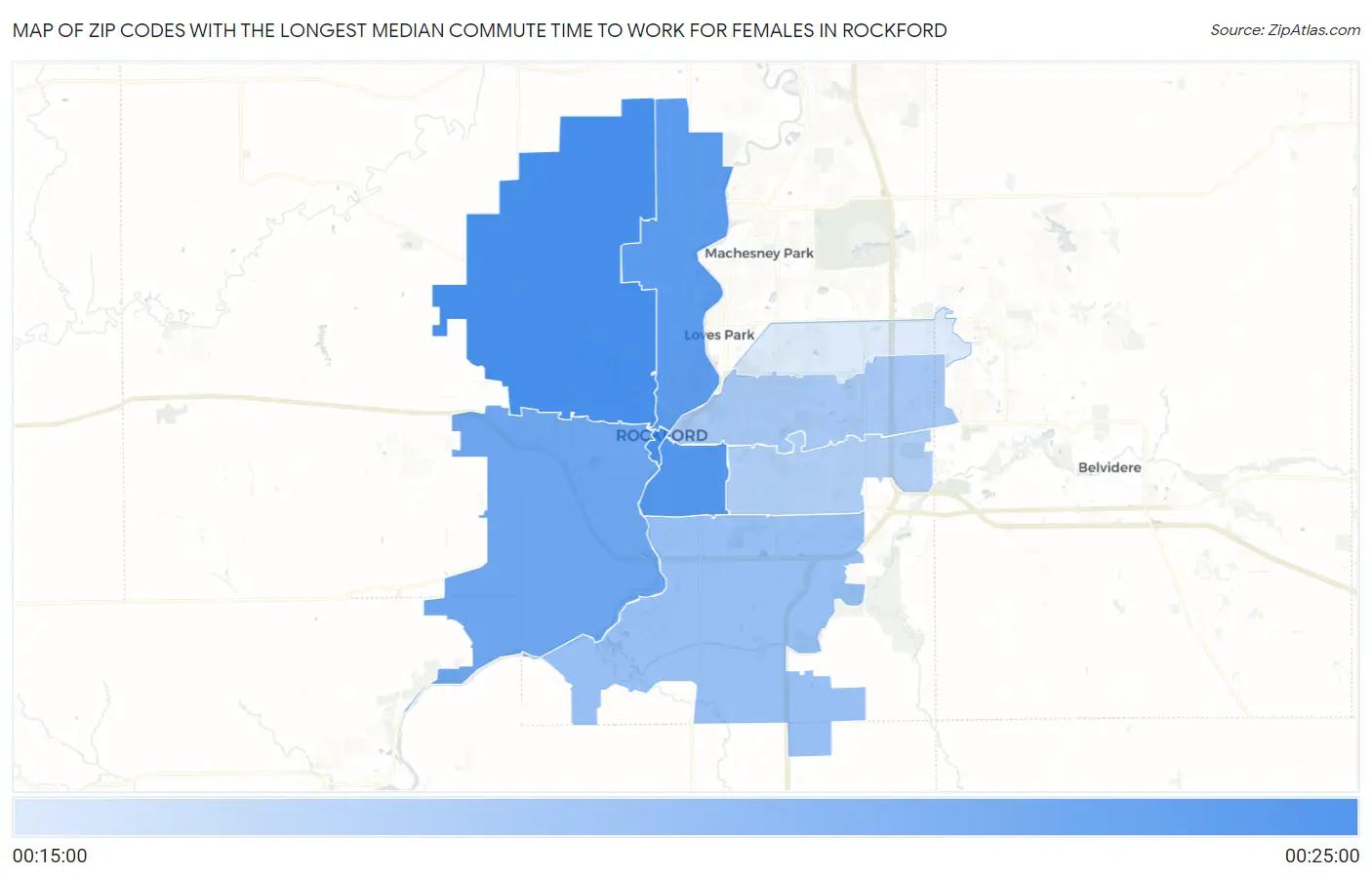 Zip Codes with the Longest Median Commute Time to Work for Females in Rockford Map