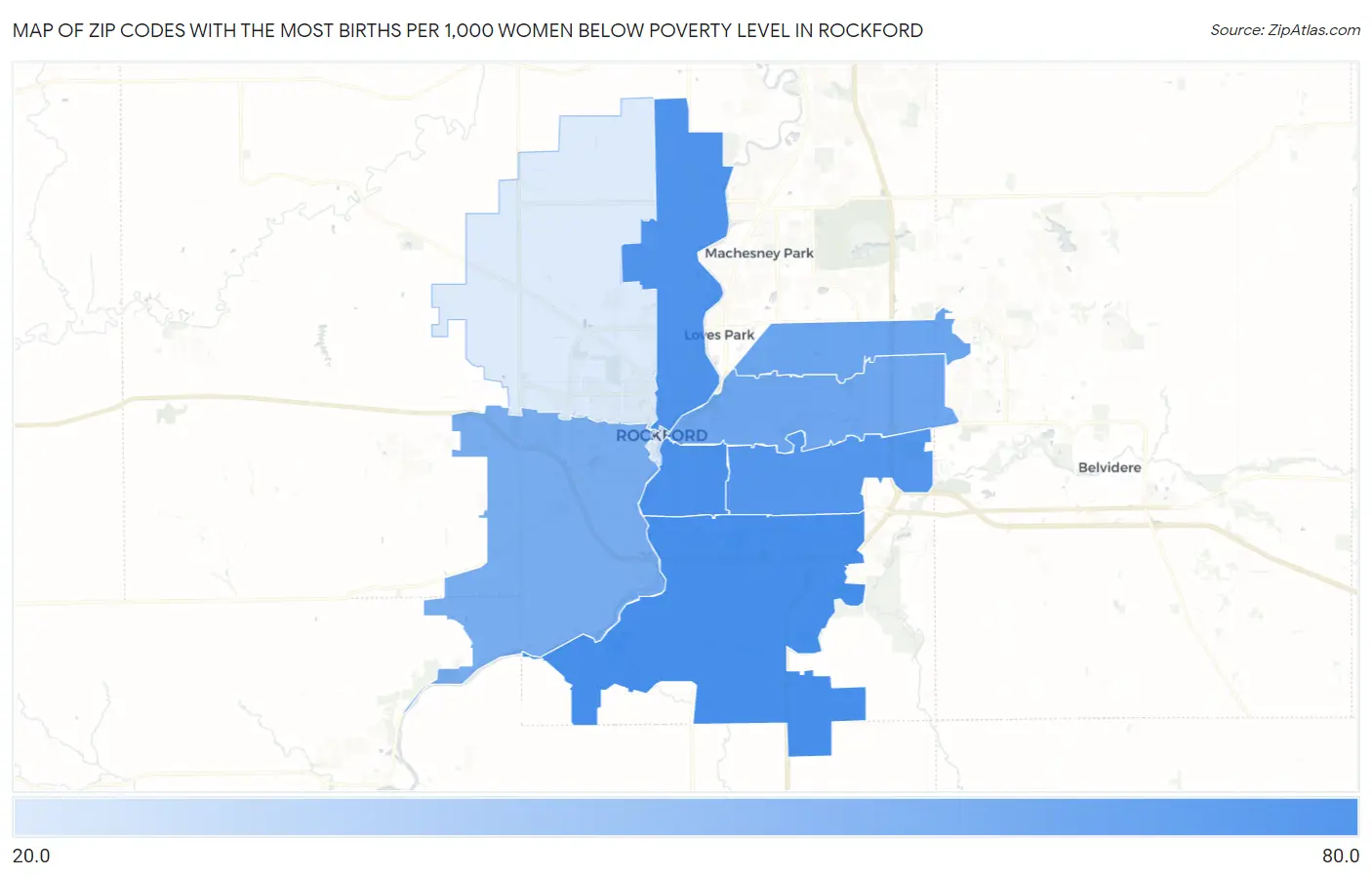 Zip Codes with the Most Births per 1,000 Women Below Poverty Level in Rockford Map