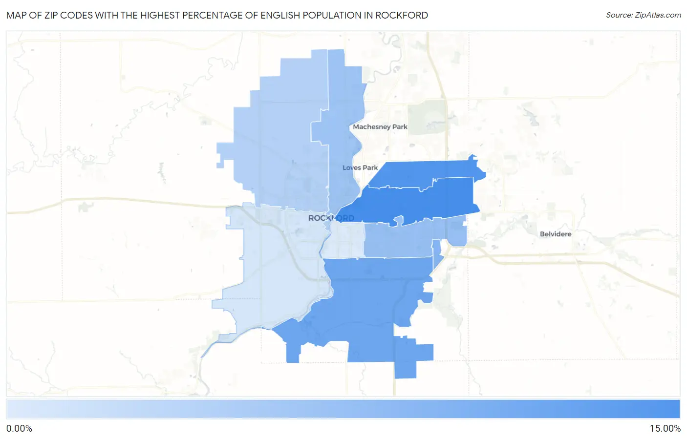Zip Codes with the Highest Percentage of English Population in Rockford Map