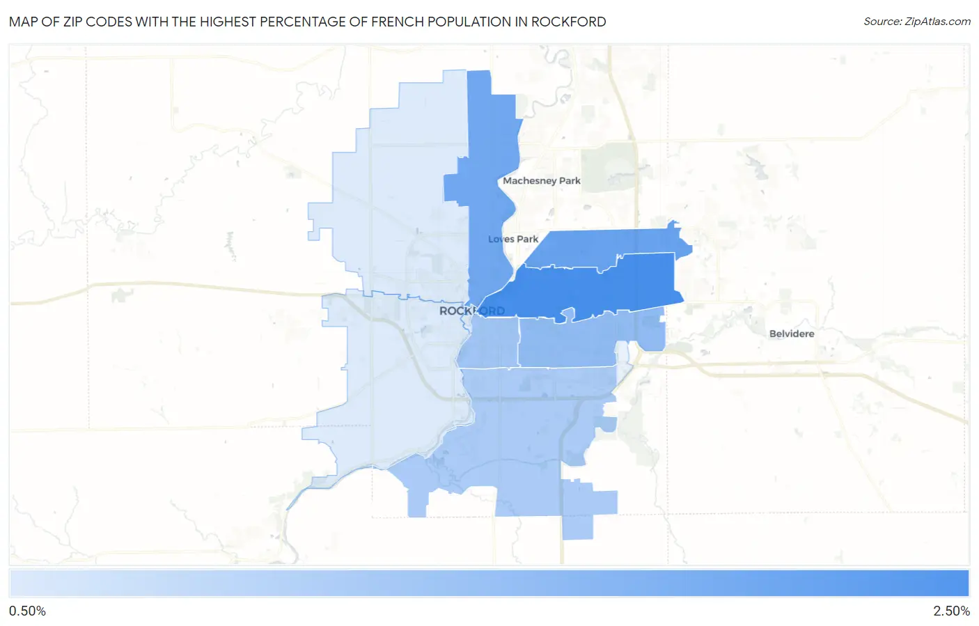 Zip Codes with the Highest Percentage of French Population in Rockford Map