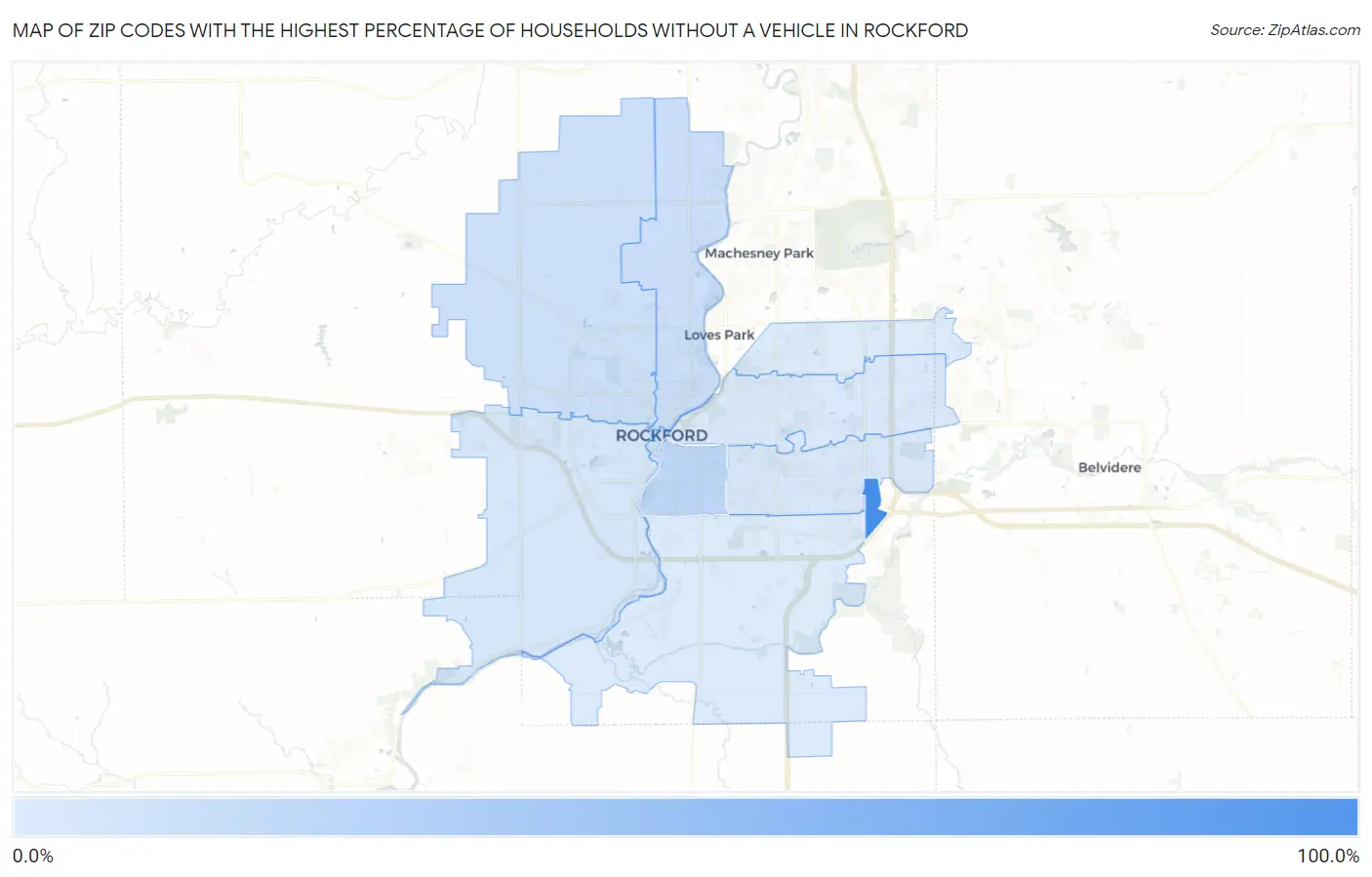 Zip Codes with the Highest Percentage of Households Without a Vehicle in Rockford Map