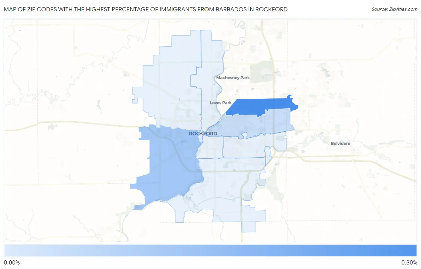 Zip Codes with the Highest Percentage of Immigrants from Barbados in Rockford Map