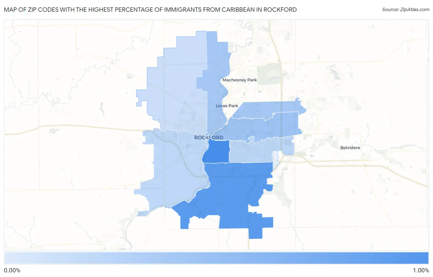 Zip Codes with the Highest Percentage of Immigrants from Caribbean in Rockford Map