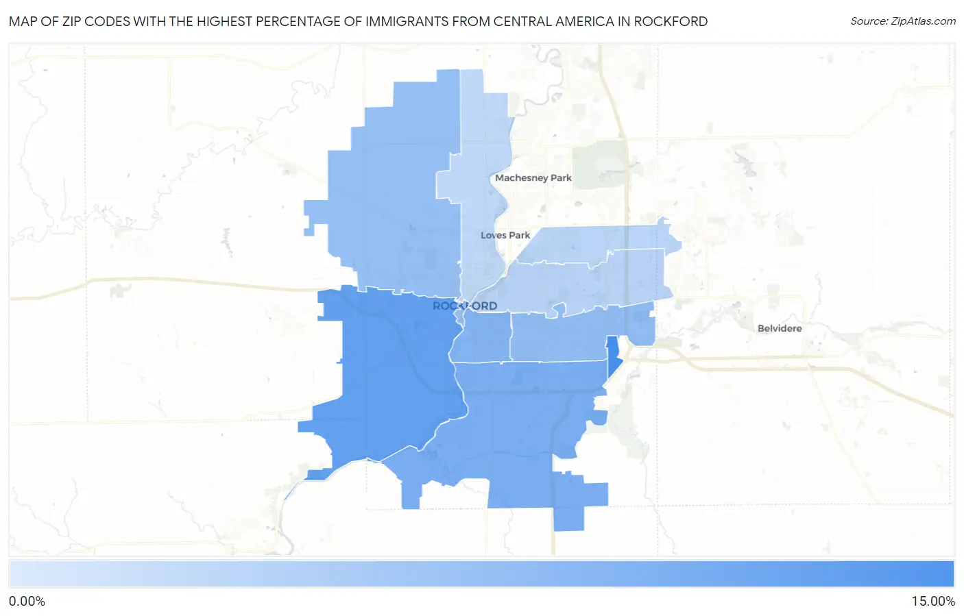 Zip Codes with the Highest Percentage of Immigrants from Central America in Rockford Map