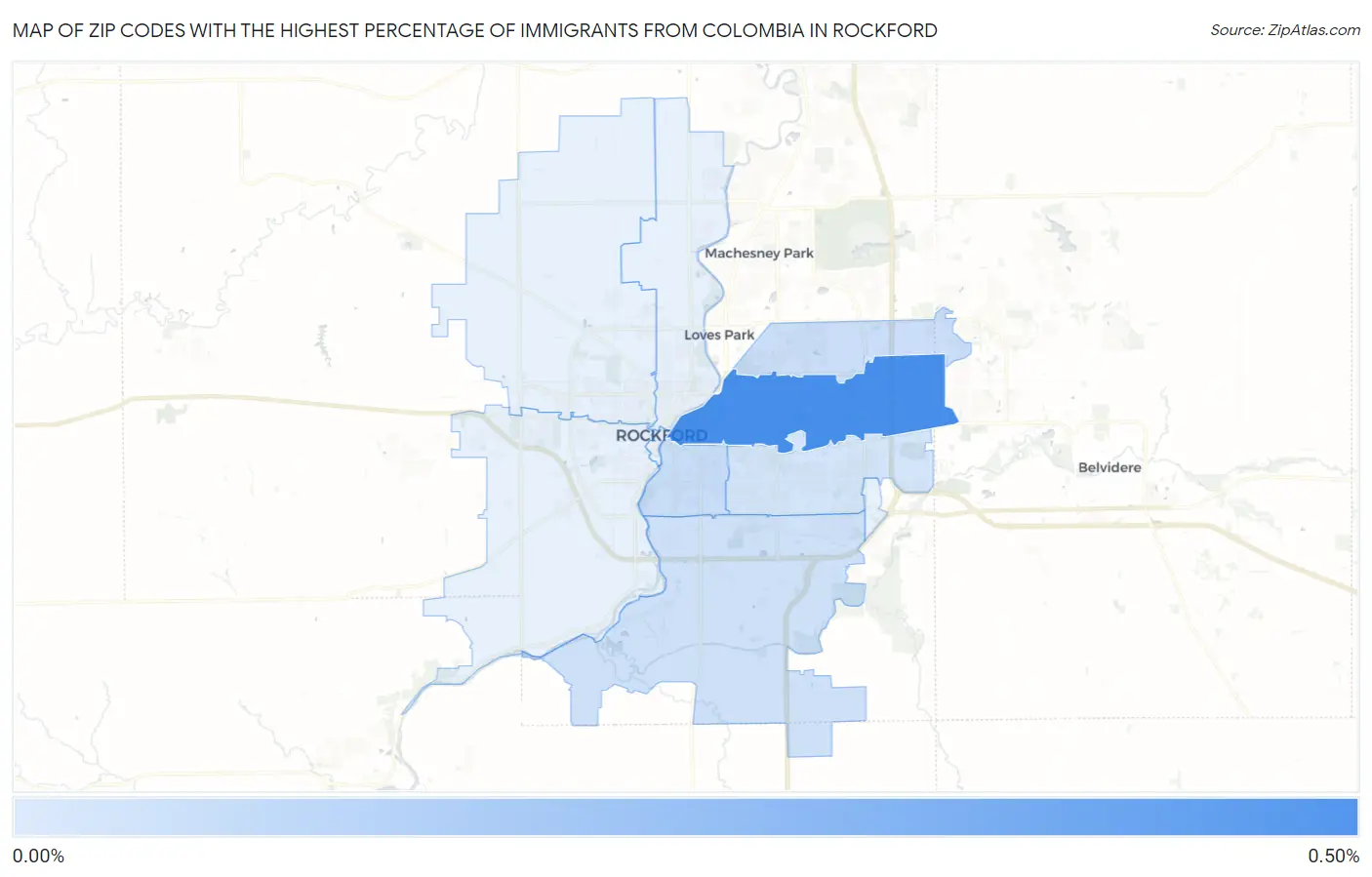 Zip Codes with the Highest Percentage of Immigrants from Colombia in Rockford Map