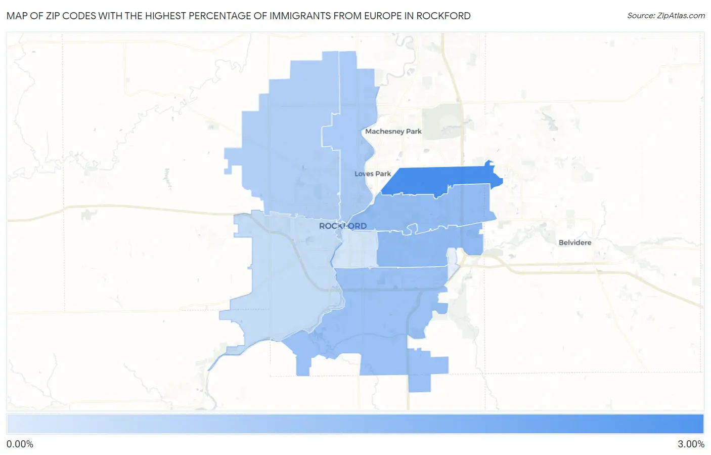 Zip Codes with the Highest Percentage of Immigrants from Europe in Rockford Map