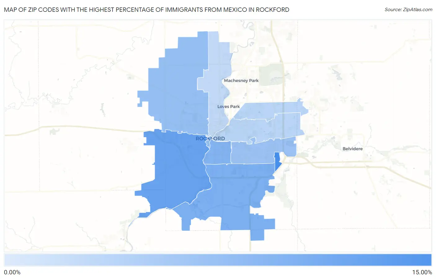 Zip Codes with the Highest Percentage of Immigrants from Mexico in Rockford Map