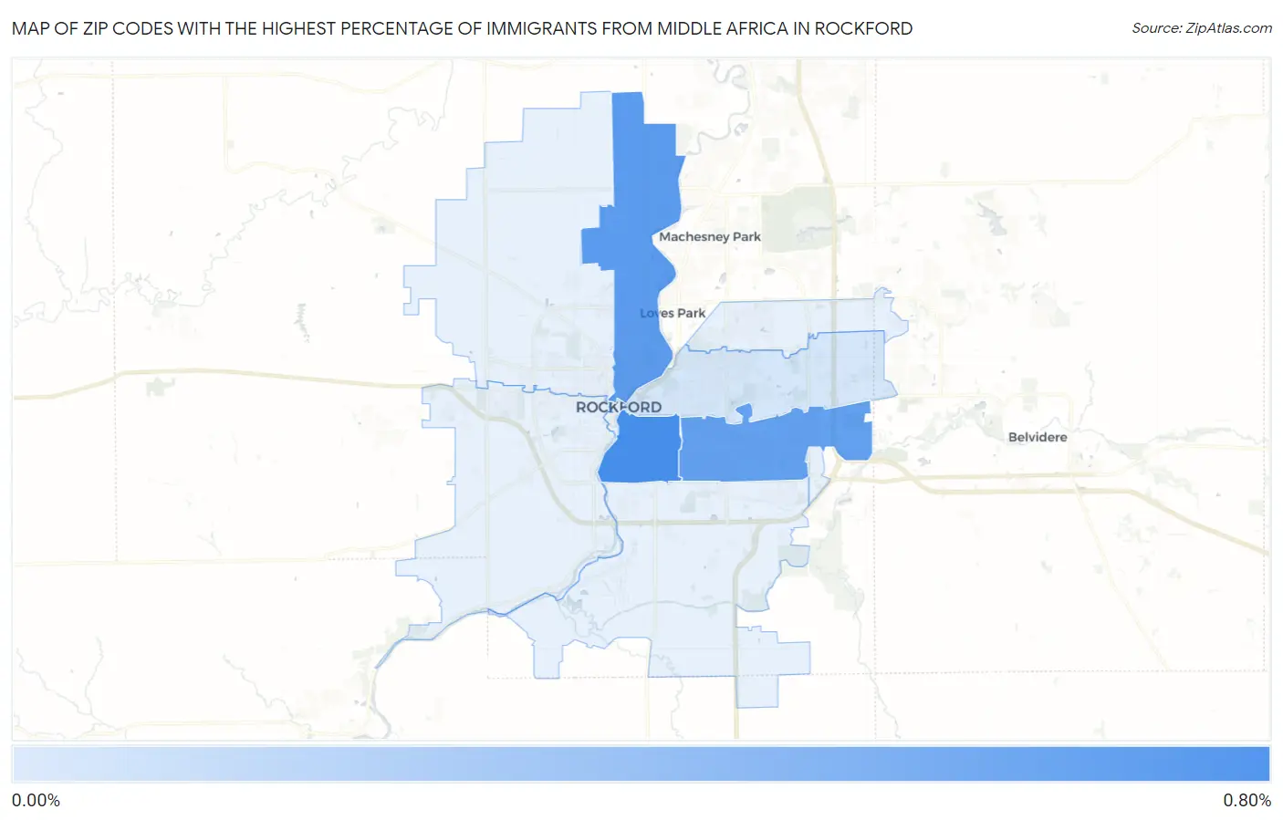 Zip Codes with the Highest Percentage of Immigrants from Middle Africa in Rockford Map