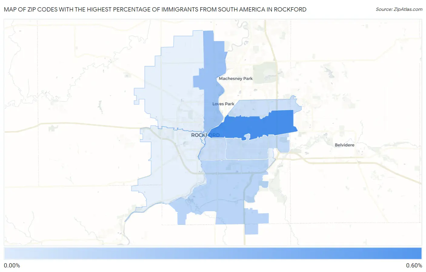 Zip Codes with the Highest Percentage of Immigrants from South America in Rockford Map