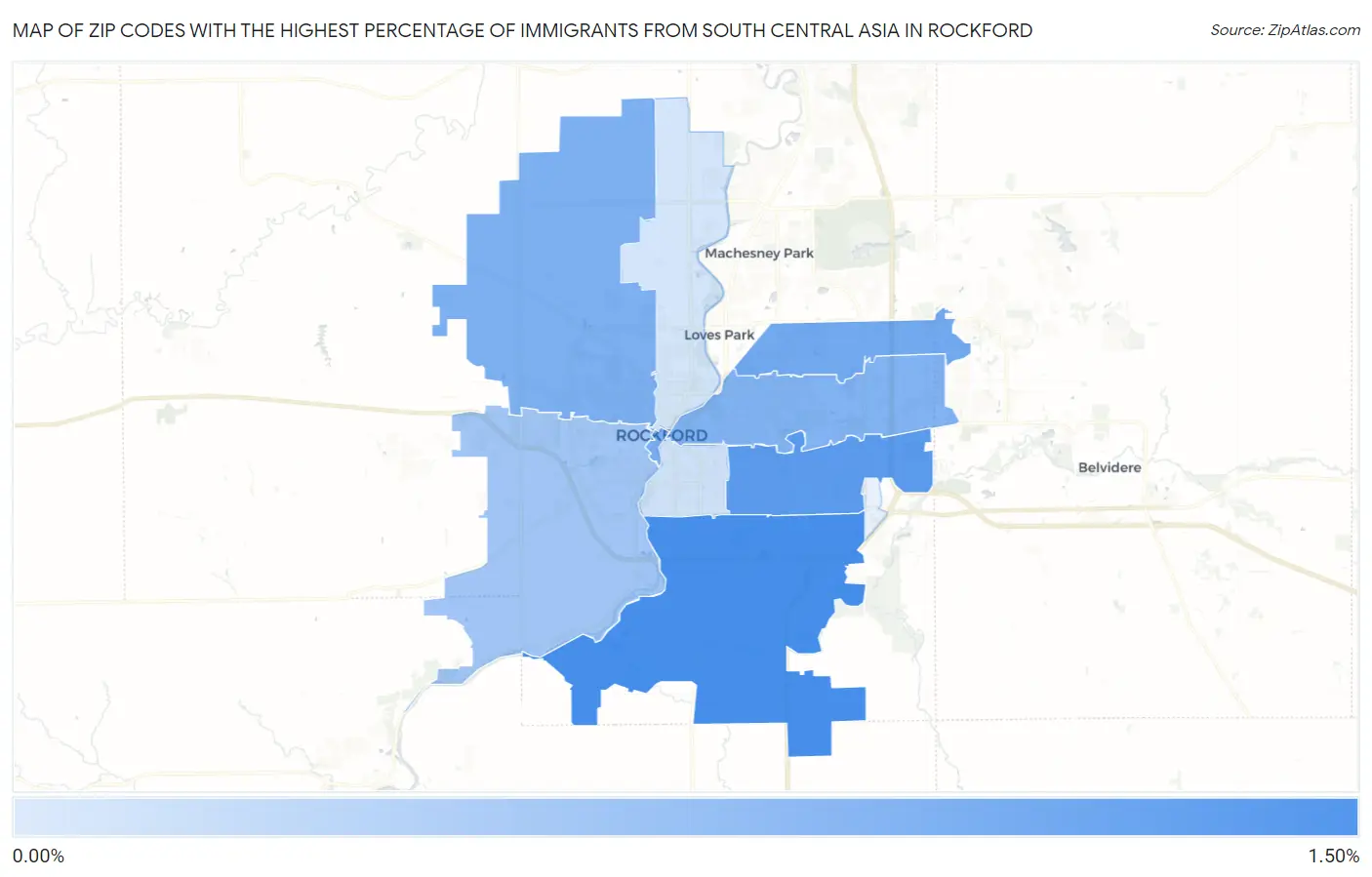 Zip Codes with the Highest Percentage of Immigrants from South Central Asia in Rockford Map