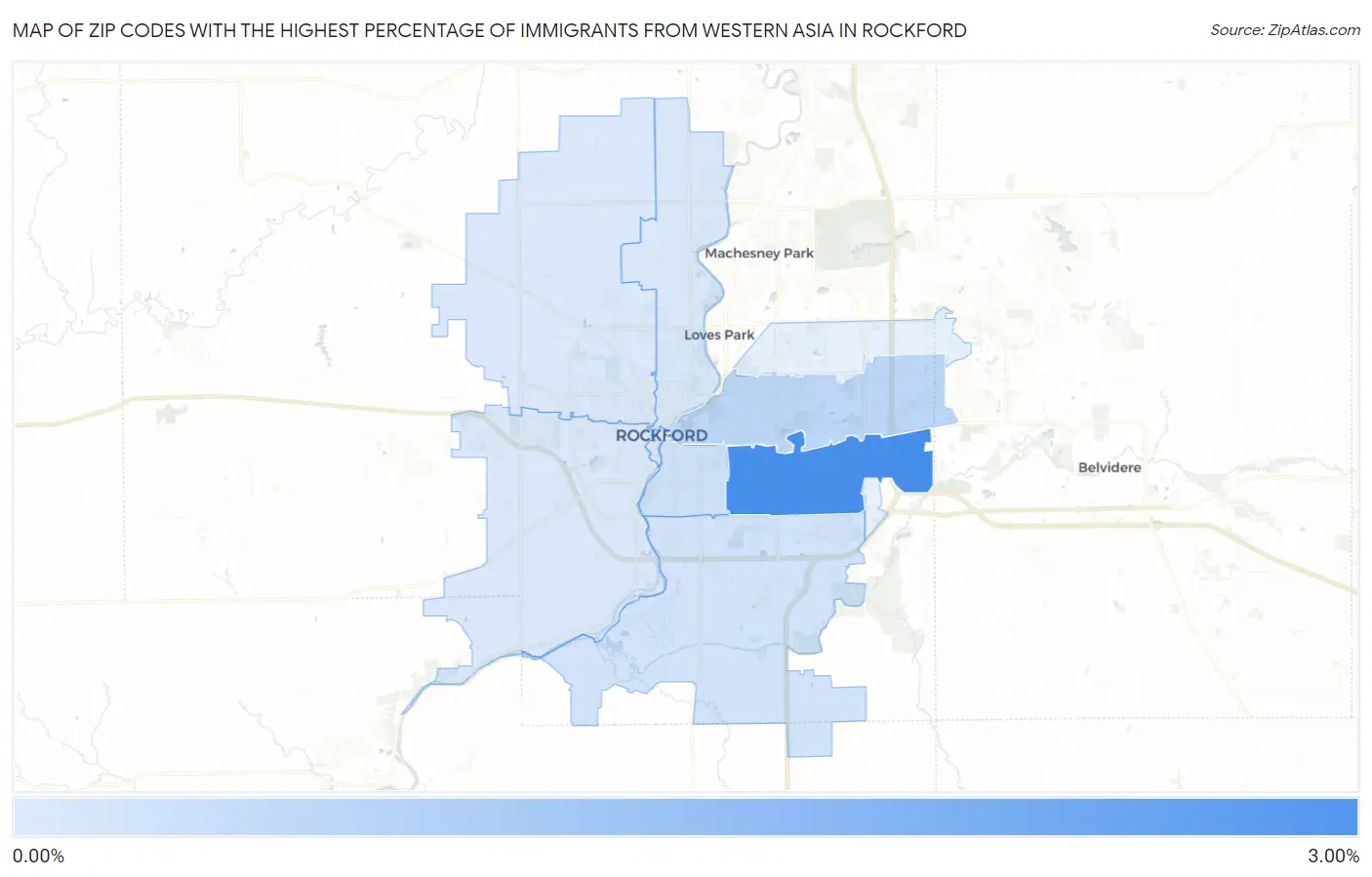 Zip Codes with the Highest Percentage of Immigrants from Western Asia in Rockford Map