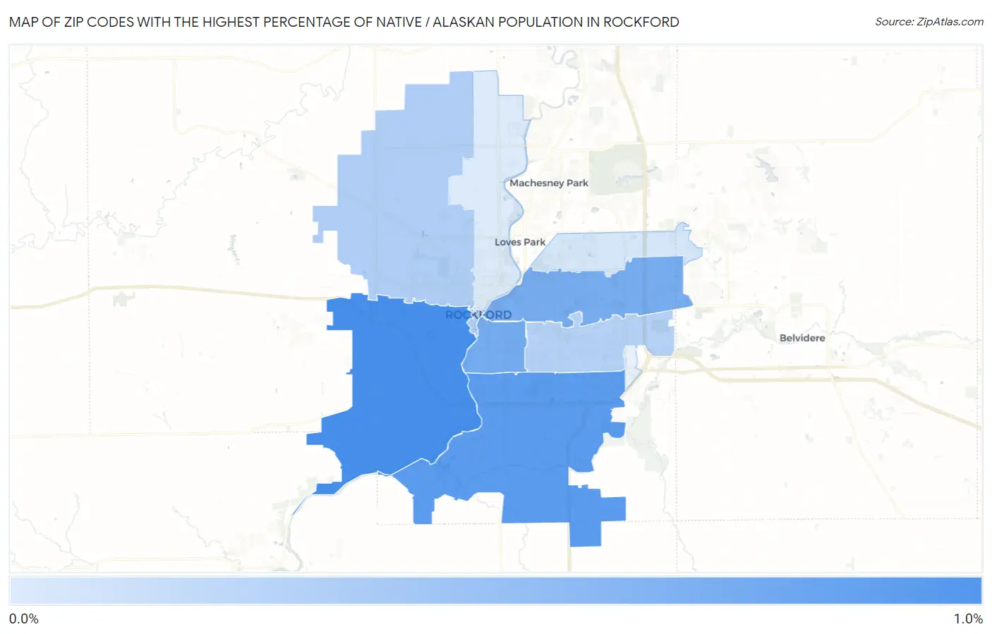 Zip Codes with the Highest Percentage of Native / Alaskan Population in Rockford Map