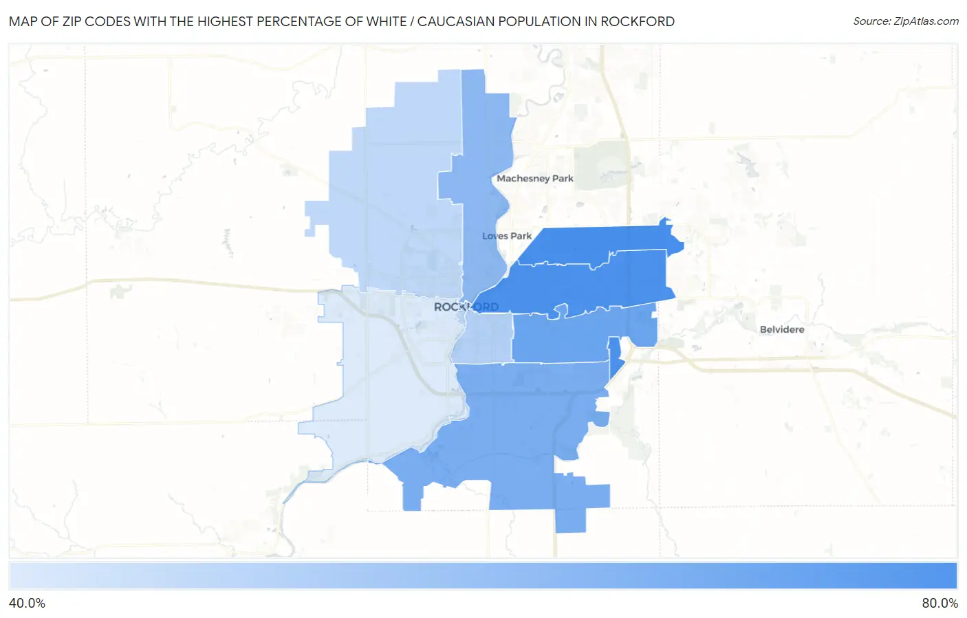 Zip Codes with the Highest Percentage of White / Caucasian Population in Rockford Map