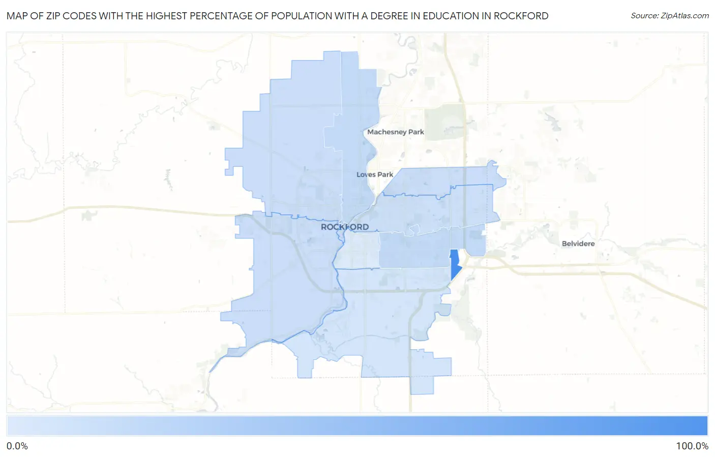 Zip Codes with the Highest Percentage of Population with a Degree in Education in Rockford Map