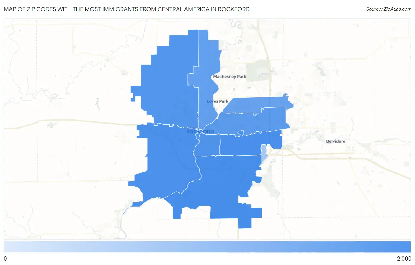 Zip Codes with the Most Immigrants from Central America in Rockford Map