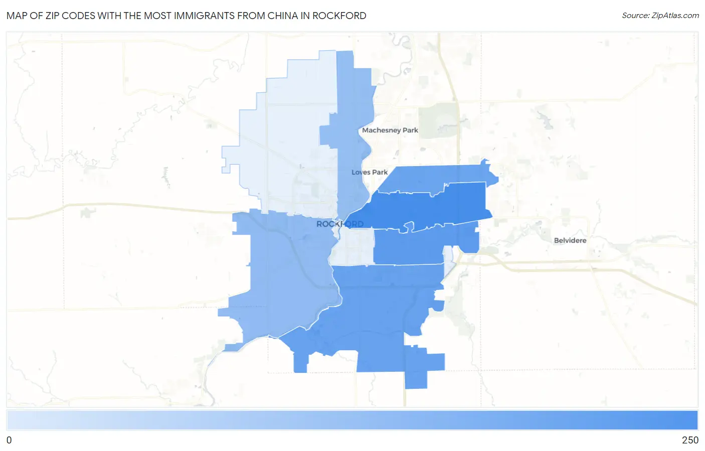 Zip Codes with the Most Immigrants from China in Rockford Map