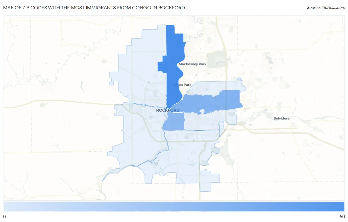 Zip Codes with the Most Immigrants from Congo in Rockford Map