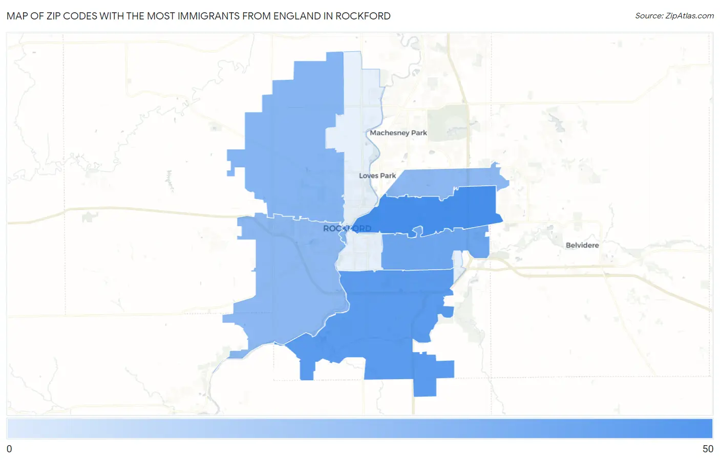 Zip Codes with the Most Immigrants from England in Rockford Map