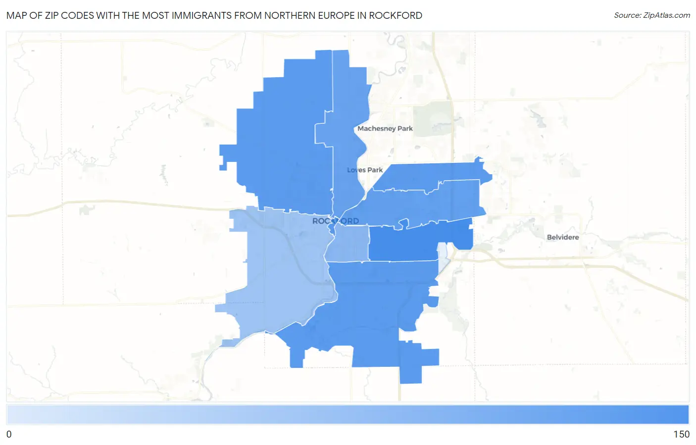 Zip Codes with the Most Immigrants from Northern Europe in Rockford Map