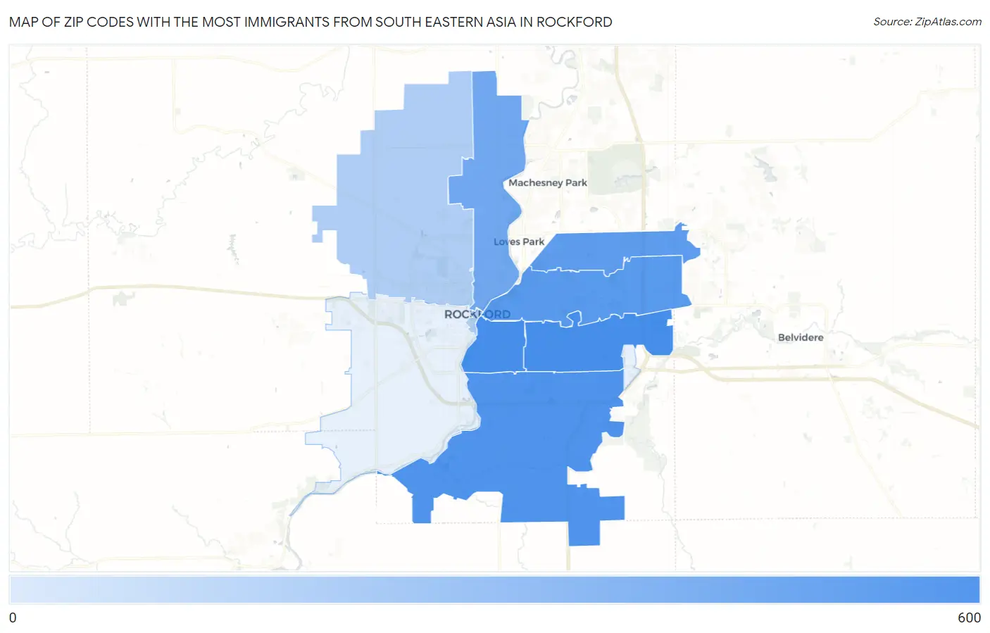 Zip Codes with the Most Immigrants from South Eastern Asia in Rockford Map