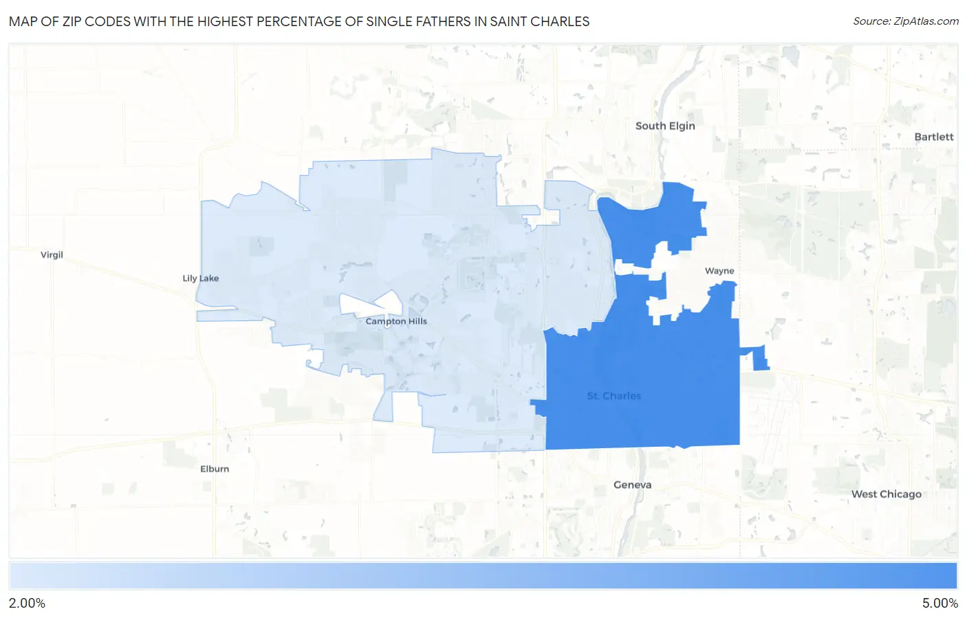 Zip Codes with the Highest Percentage of Single Fathers in Saint Charles Map