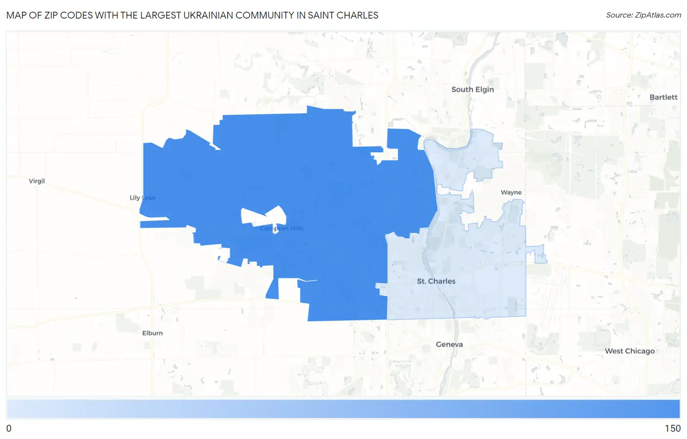 Zip Codes with the Largest Ukrainian Community in Saint Charles Map