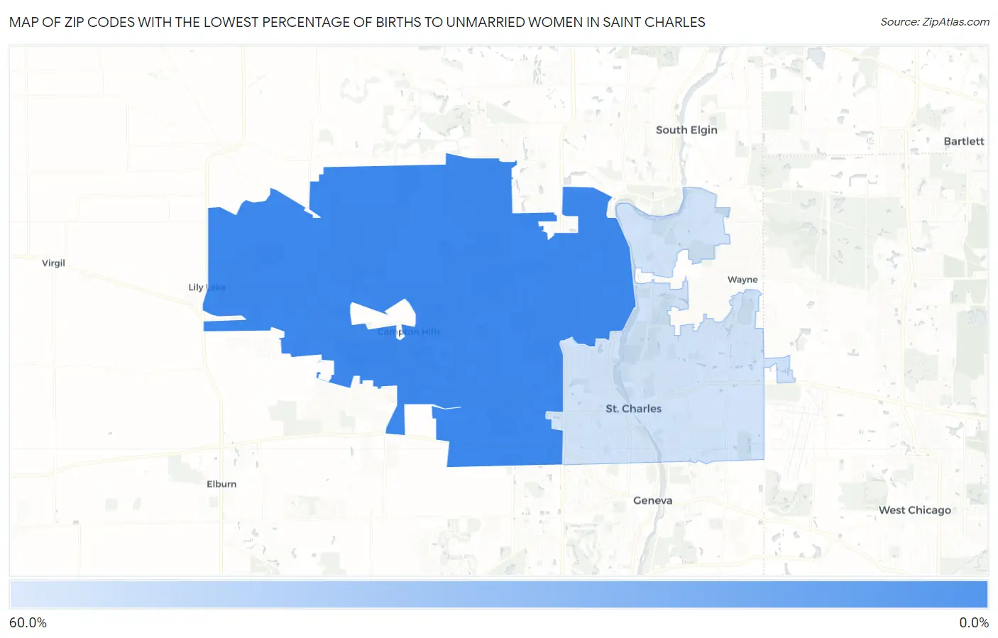 Zip Codes with the Lowest Percentage of Births to Unmarried Women in Saint Charles Map