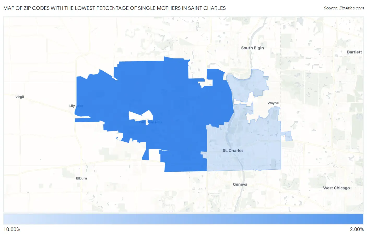 Zip Codes with the Lowest Percentage of Single Mothers in Saint Charles Map