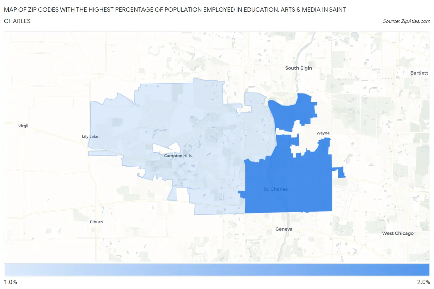 Zip Codes with the Highest Percentage of Population Employed in Education, Arts & Media in Saint Charles Map